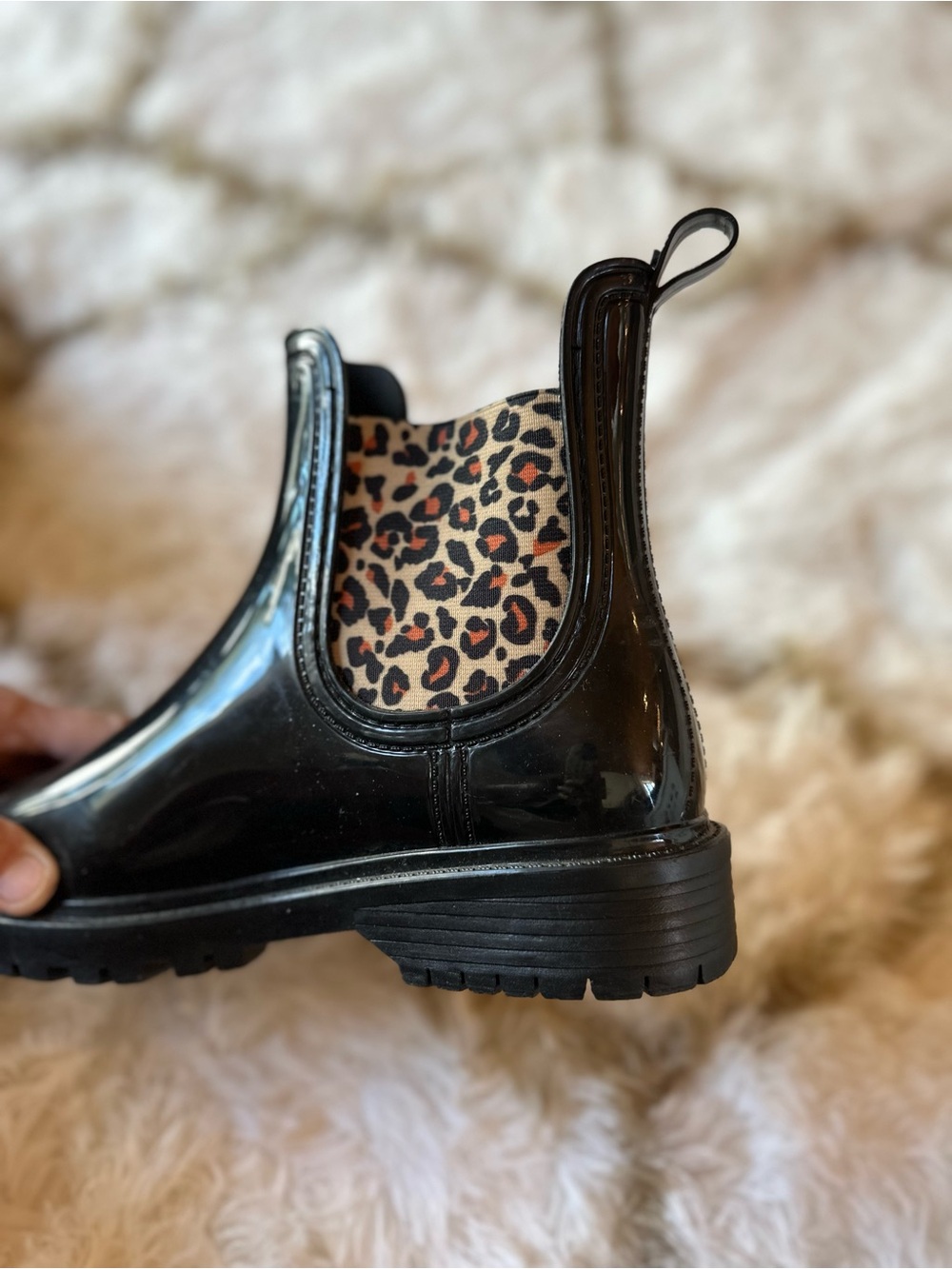 Women’s Black Rain Chelsea Boots with Leopard Elastic Panels - Picture 7 of 8